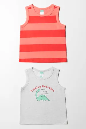 2 Pack Dino And Stripe Printed Vests Red & Grey