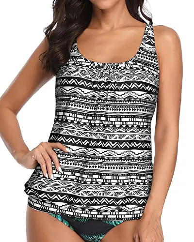 Adjustable Shoulder Straps Loose Fit Tank Top Women's Tankini Tops Only-Black And White Stripe