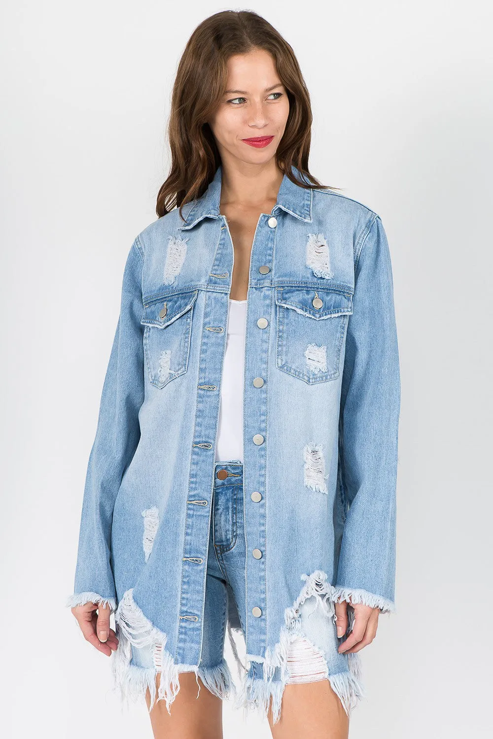 American Bazi Distressed Frayed Hem Denim Jacket