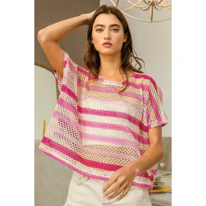 BiBi Striped Openwork Short Sleeve Knit Cover Up