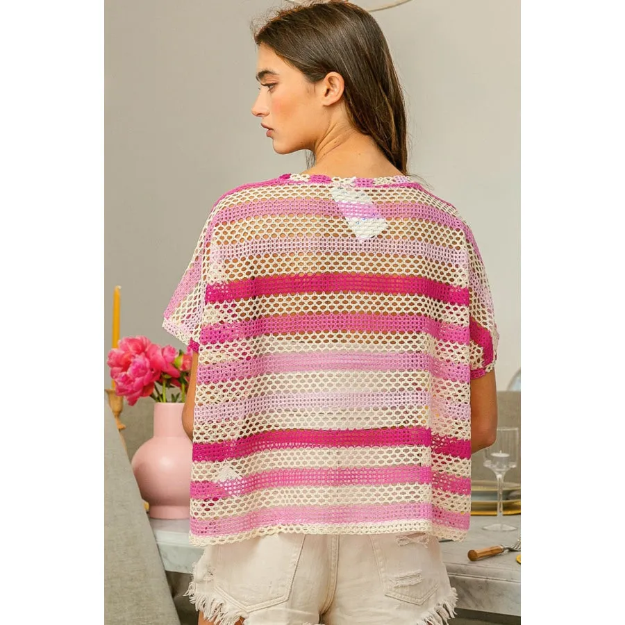 BiBi Striped Openwork Short Sleeve Knit Cover Up