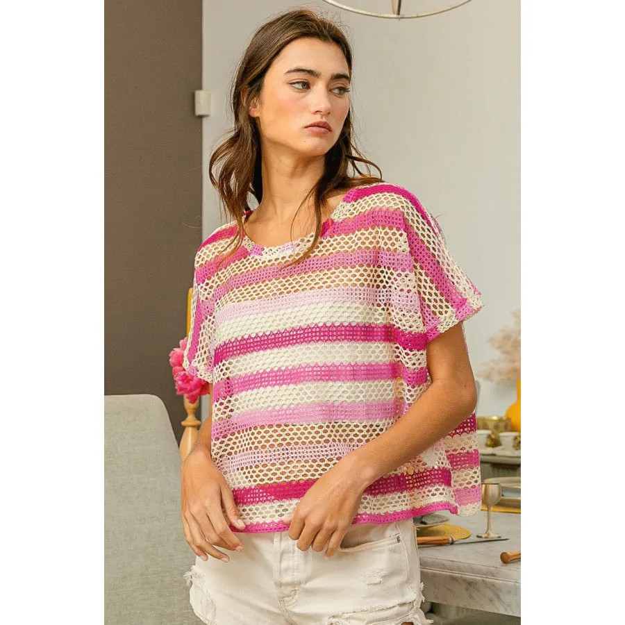 BiBi Striped Openwork Short Sleeve Knit Cover Up