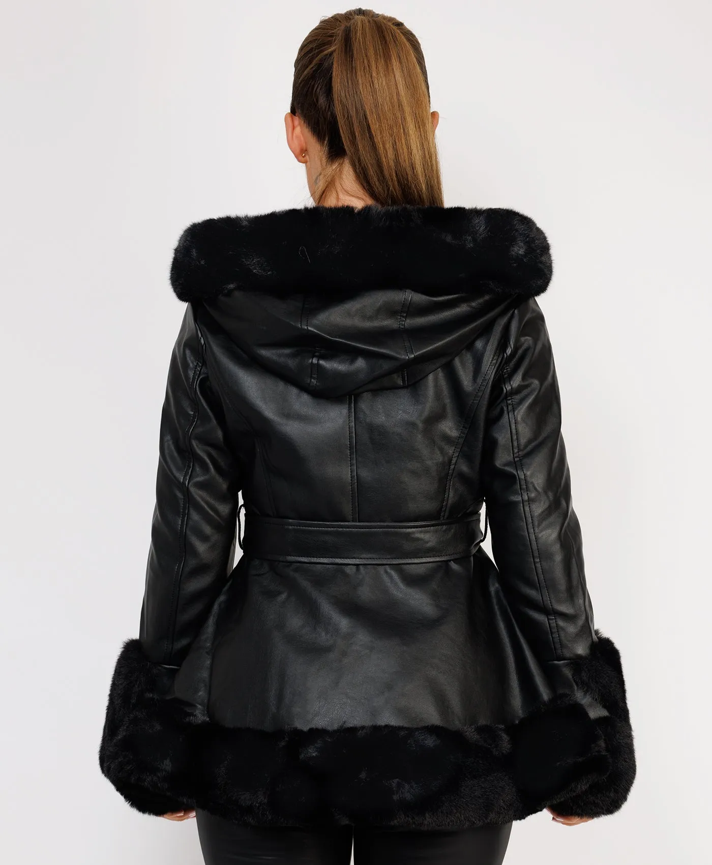 Black Faux Fur Vegan Leather Hooded Swing Coat Jacket