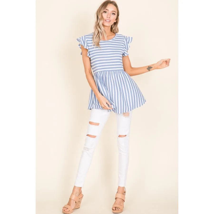 BOMBOM Striped Round Neck Blouse