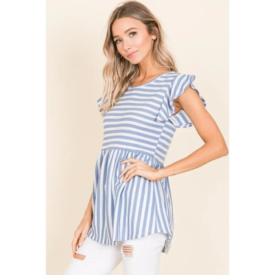 BOMBOM Striped Round Neck Blouse