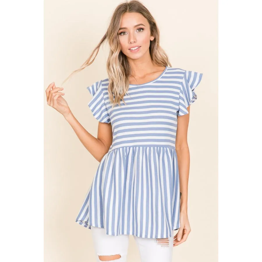 BOMBOM Striped Round Neck Blouse