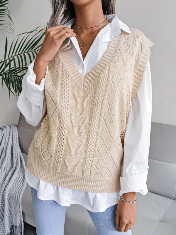 Cable Knit V Neck Sweater - Knitwear Vest