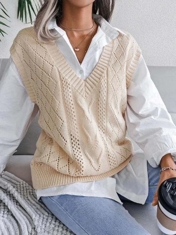 Cable Knit V Neck Sweater - Knitwear Vest