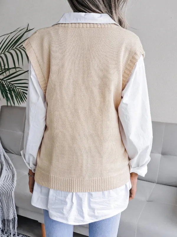 Cable Knit V Neck Sweater - Knitwear Vest