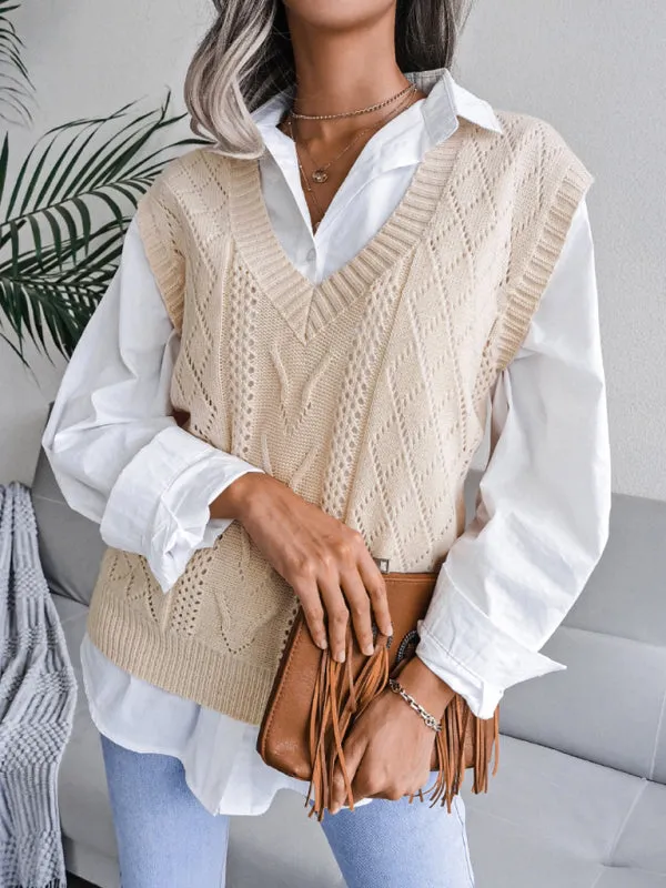 Cable Knit V Neck Sweater - Knitwear Vest