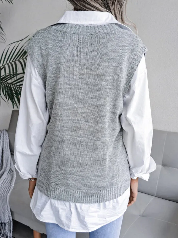 Cable Knit V Neck Sweater - Knitwear Vest