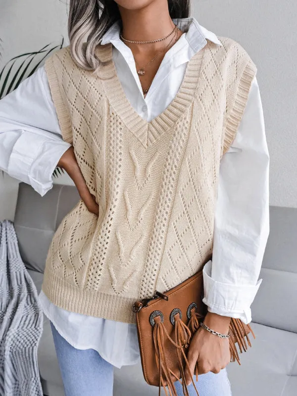 Cable Knit V Neck Sweater - Knitwear Vest