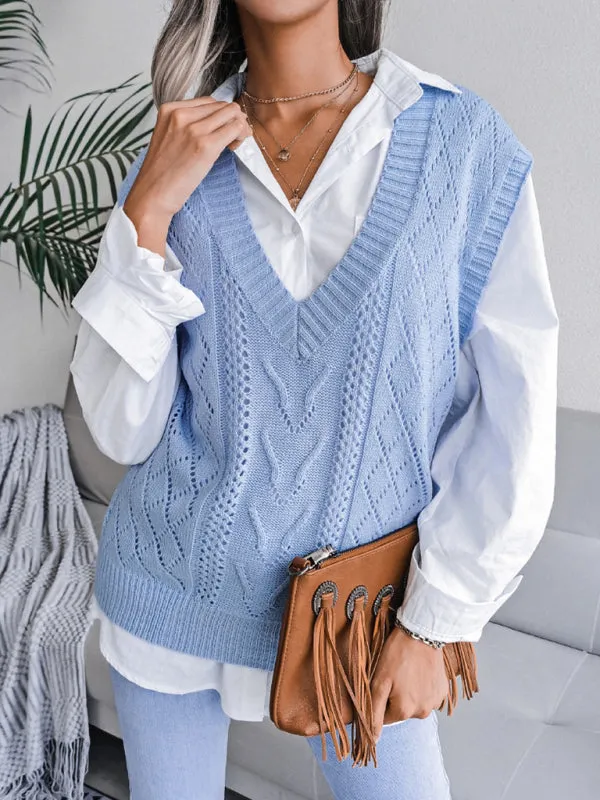 Cable Knit V Neck Sweater - Knitwear Vest