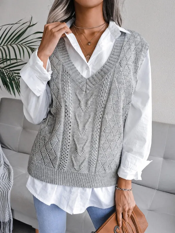 Cable Knit V Neck Sweater - Knitwear Vest