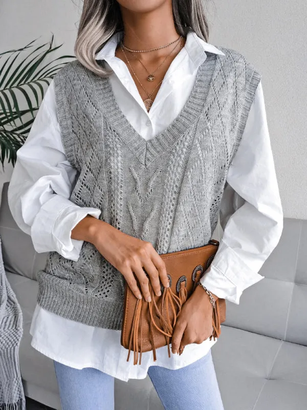 Cable Knit V Neck Sweater - Knitwear Vest