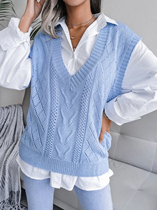 Cable Knit V Neck Sweater - Knitwear Vest