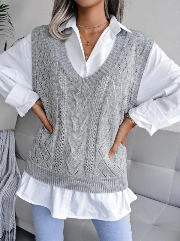 Cable Knit V Neck Sweater - Knitwear Vest