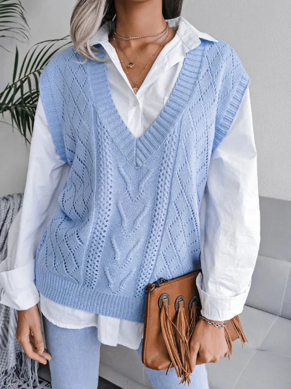 Cable Knit V Neck Sweater - Knitwear Vest