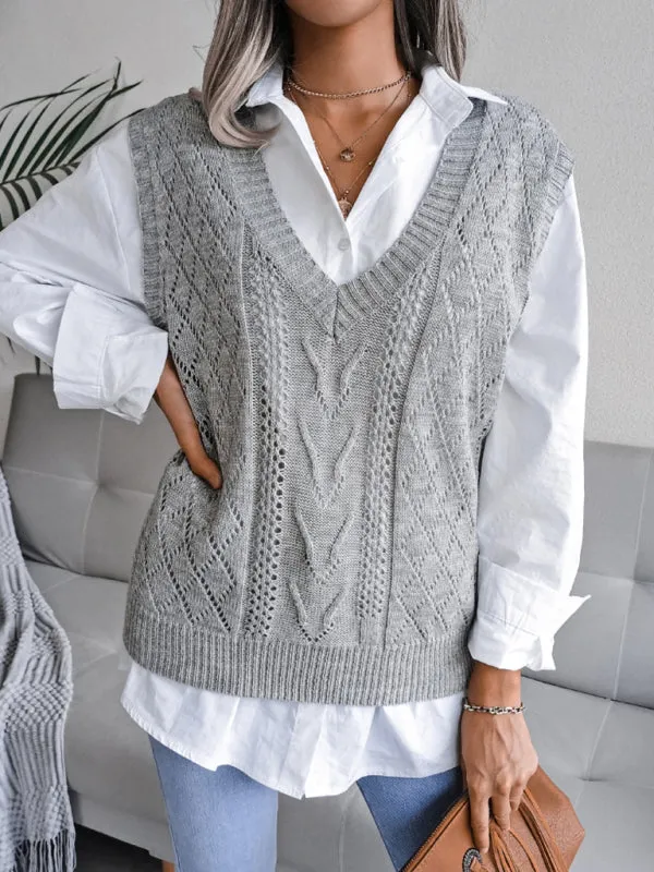 Cable Knit V Neck Sweater - Knitwear Vest