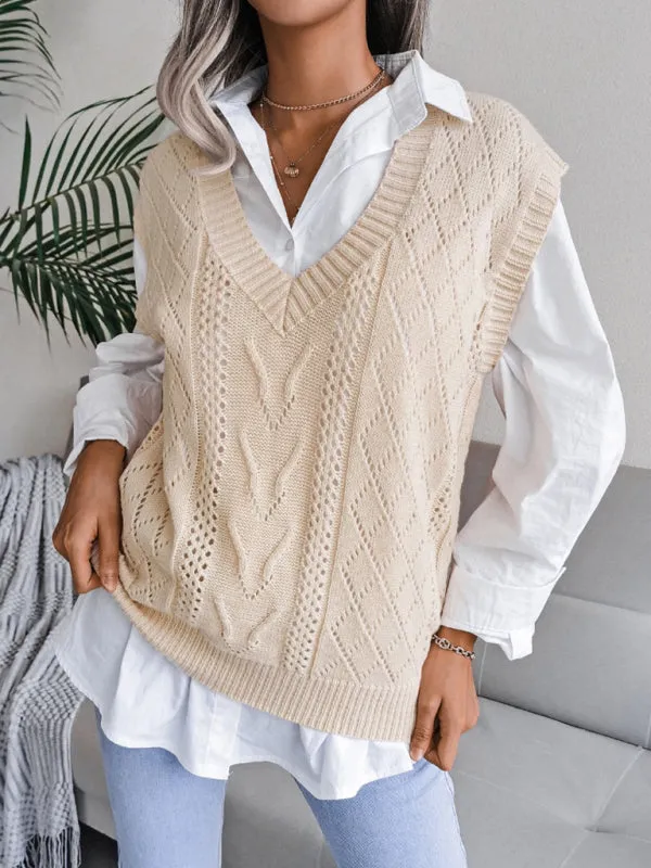 Cable Knit V Neck Sweater - Knitwear Vest