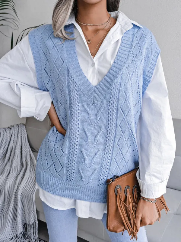 Cable Knit V Neck Sweater - Knitwear Vest