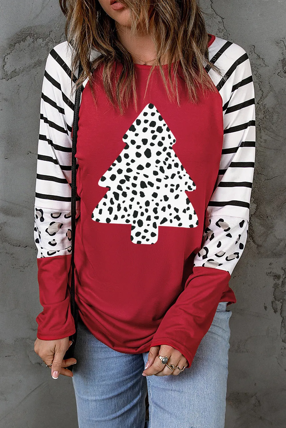 Christmas Tree Leopard Striped Long Sleeve Tops Xmas T-Shirt