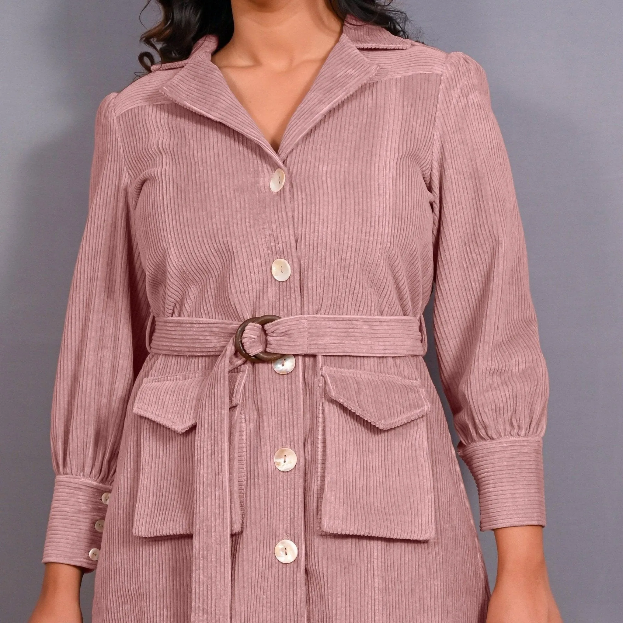 Convertible Mauve Warm Cotton Corduroy Button-Down Overlay Dress