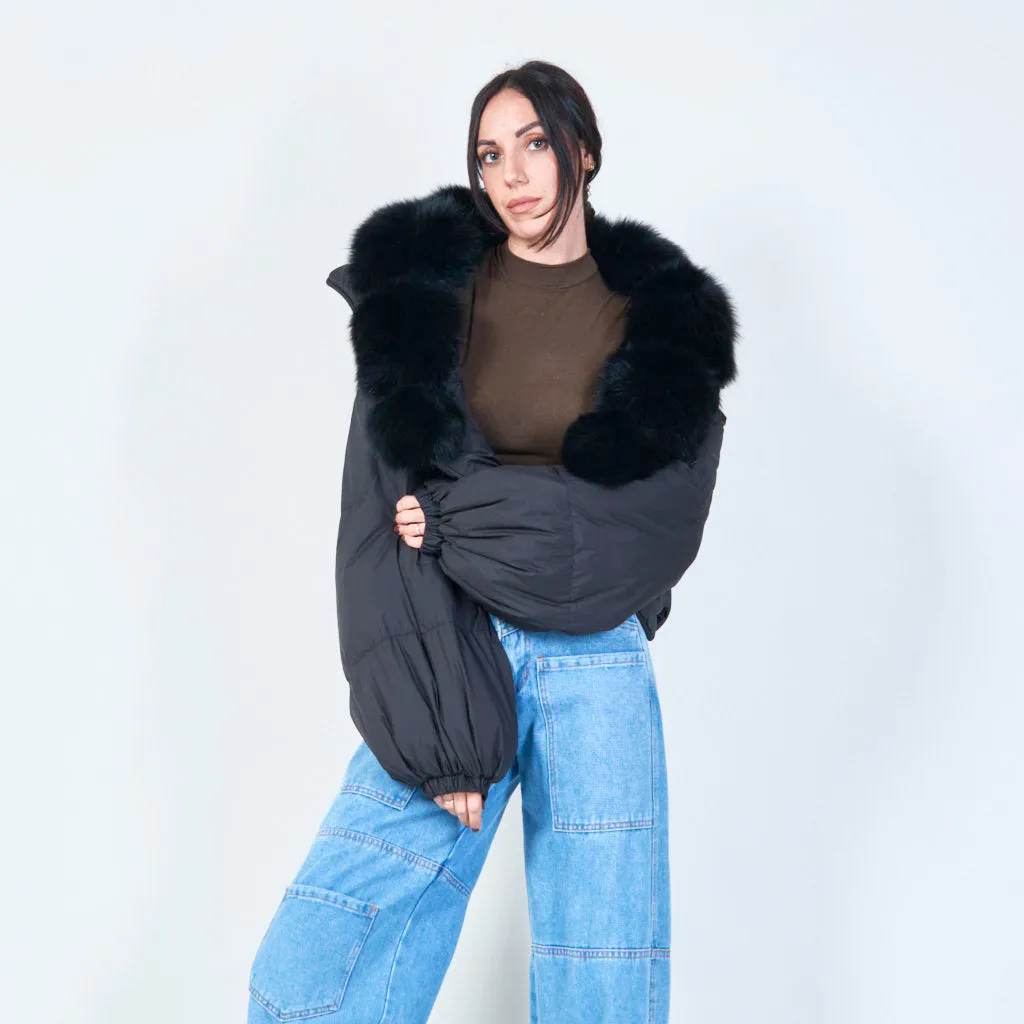 Cropped puffer duck down jacket with faux fur collar wholesale