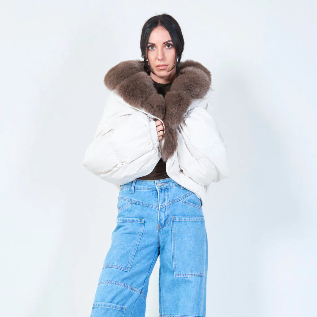 Cropped puffer duck down jacket with faux fur collar wholesale