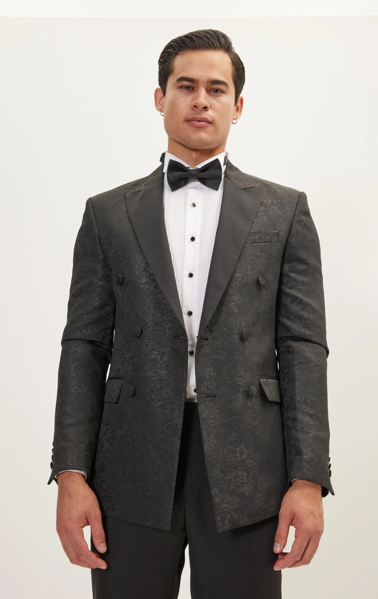 Double Breasted Metallic Floral Embroidery Peak Lapel Tuxedo Jacket - Black