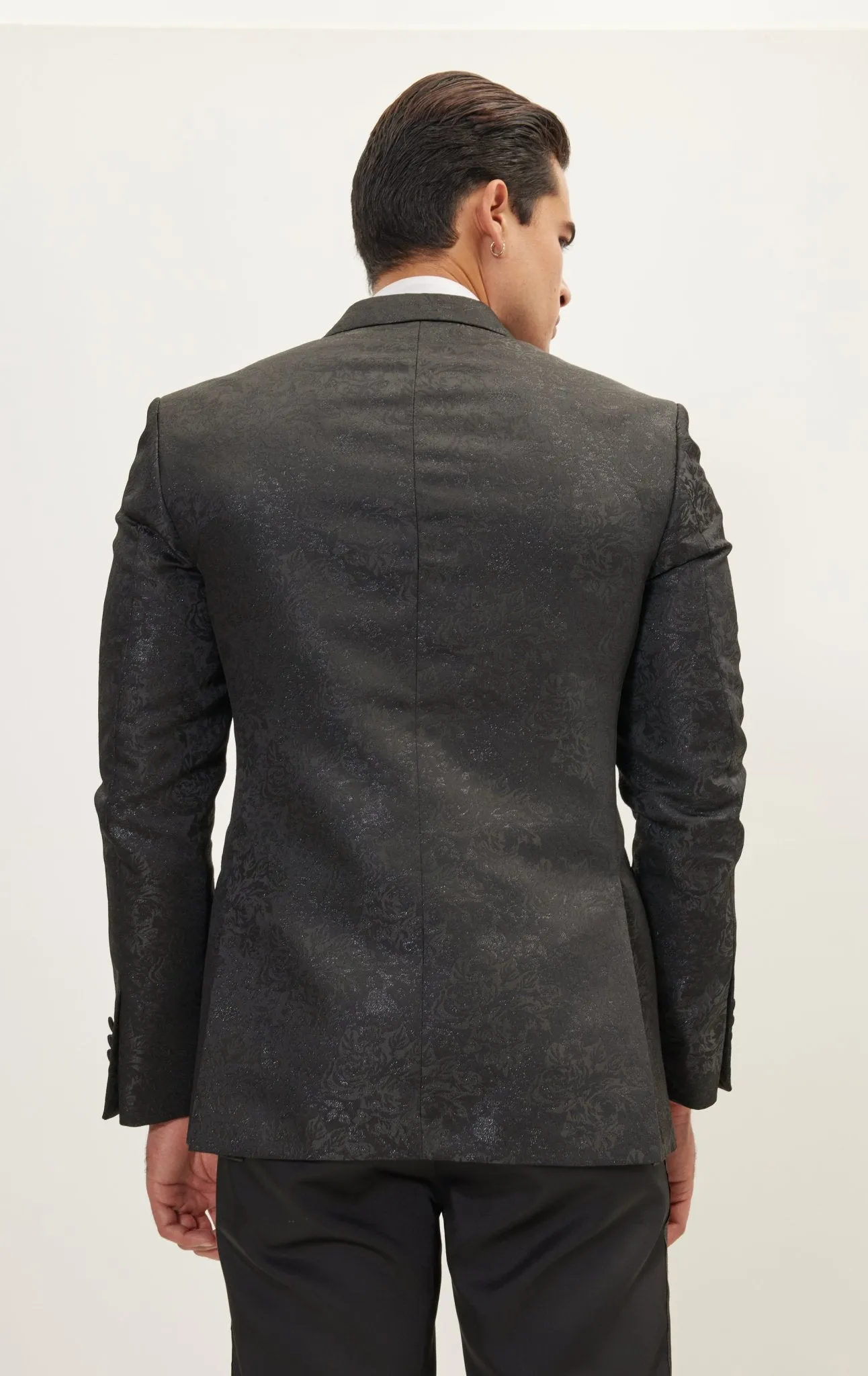 Double Breasted Metallic Floral Embroidery Peak Lapel Tuxedo Jacket - Black