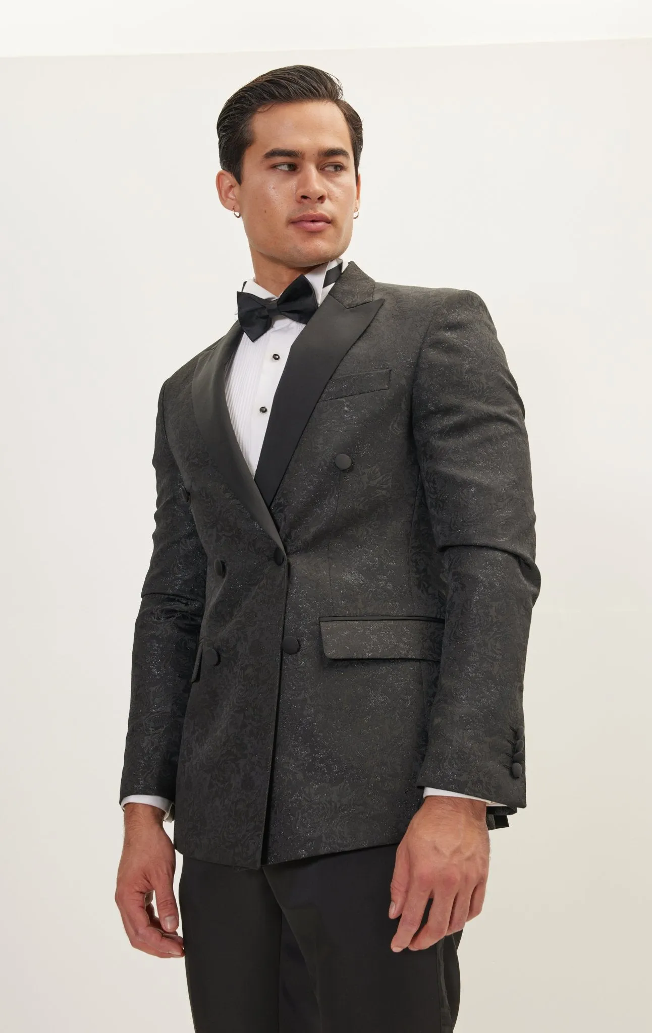 Double Breasted Metallic Floral Embroidery Peak Lapel Tuxedo Jacket - Black