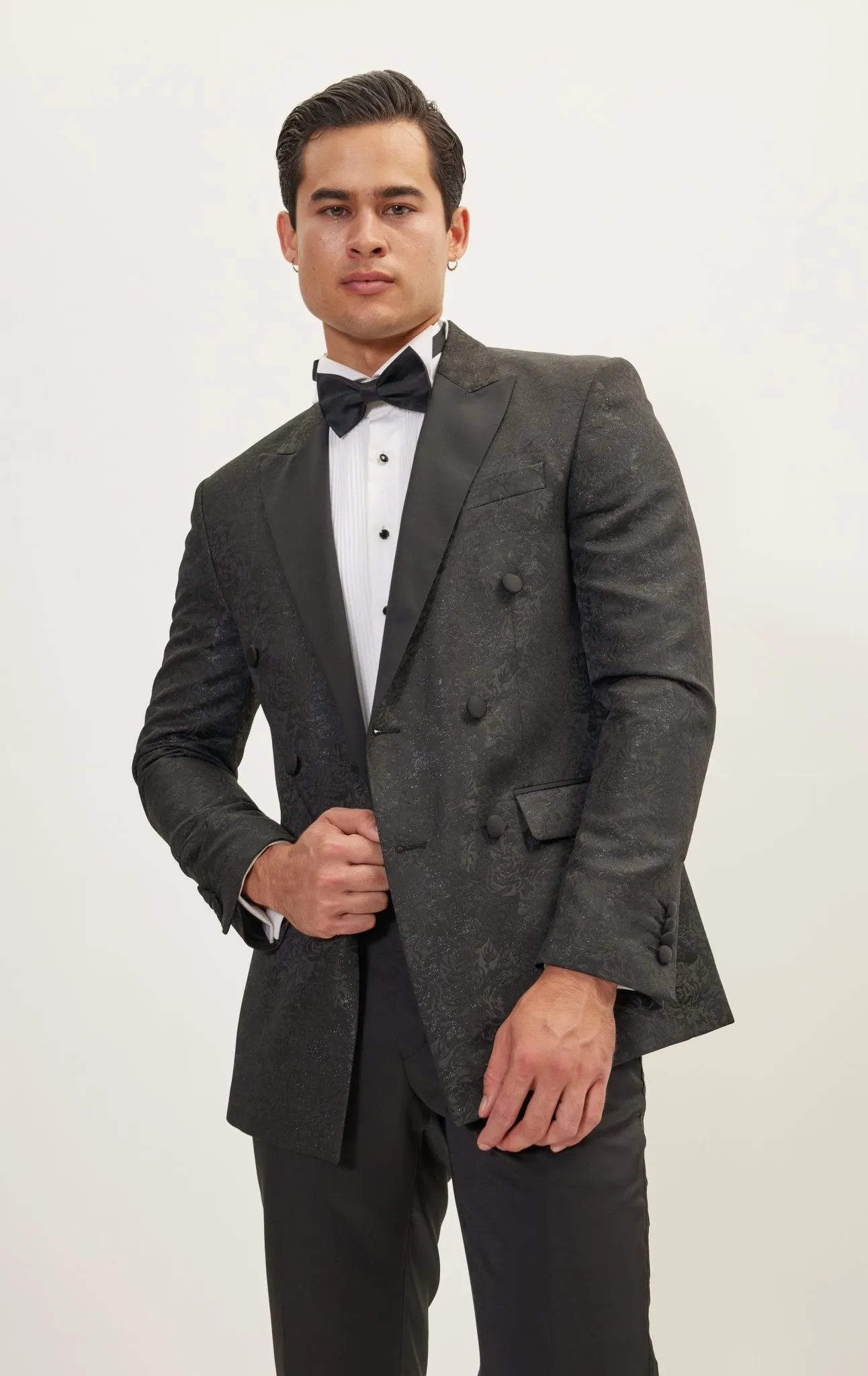 Double Breasted Metallic Floral Embroidery Peak Lapel Tuxedo Jacket - Black