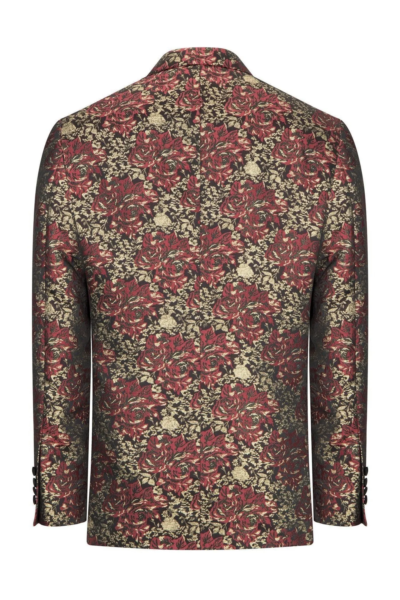 Double Breasted Metallic Floral Embroidery Peak Lapel Tuxedo Jacket - Burgundy