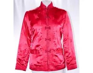 Exquisite Asian Raspberry Satin Brocade Evening Jacket - Mandarin Collar - Down-Filled - Hand Detailing - Size 6/7 - Bust 36 41058