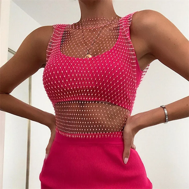 FestivalQueen Sexy Diamonds Mesh Cropped Tank Top Women Summer Cover