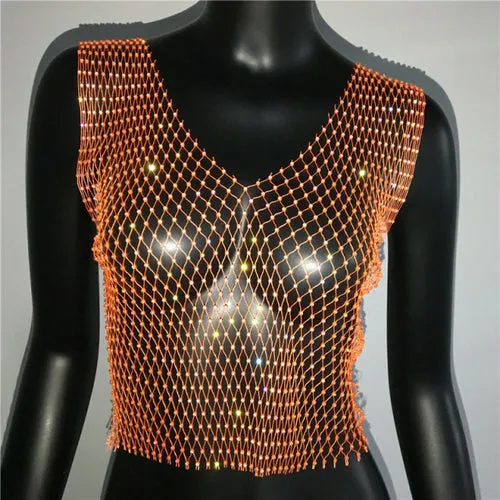 FestivalQueen Sexy Diamonds Mesh Cropped Tank Top Women Summer Cover