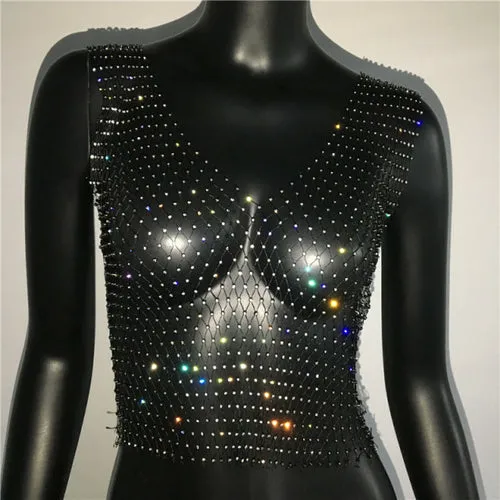 FestivalQueen Sexy Diamonds Mesh Cropped Tank Top Women Summer Cover