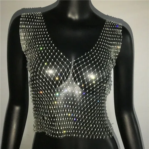 FestivalQueen Sexy Diamonds Mesh Cropped Tank Top Women Summer Cover