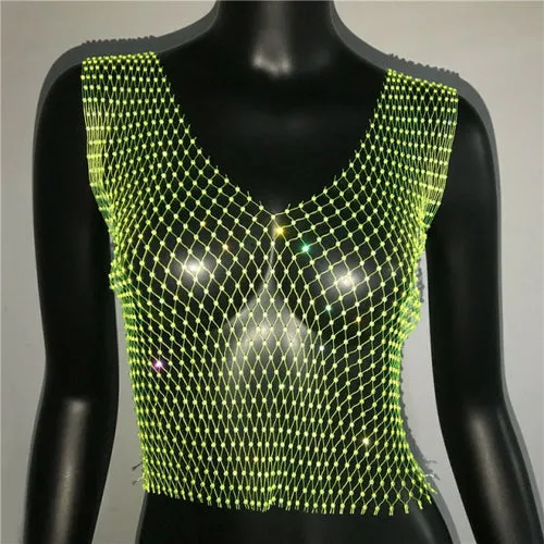 FestivalQueen Sexy Diamonds Mesh Cropped Tank Top Women Summer Cover