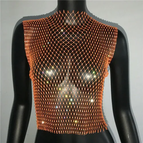 FestivalQueen Sexy Diamonds Mesh Cropped Tank Top Women Summer Cover