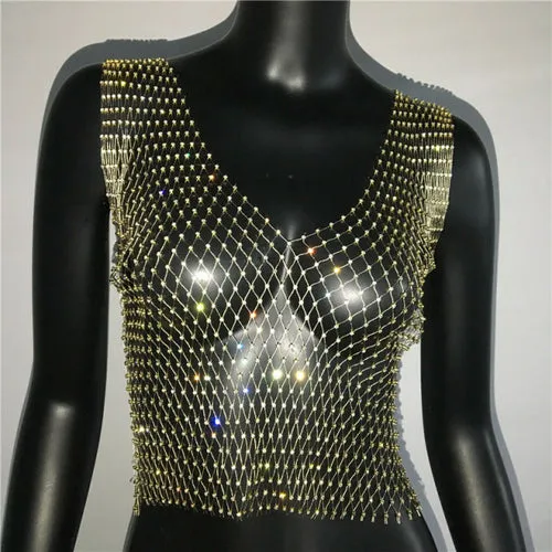 FestivalQueen Sexy Diamonds Mesh Cropped Tank Top Women Summer Cover