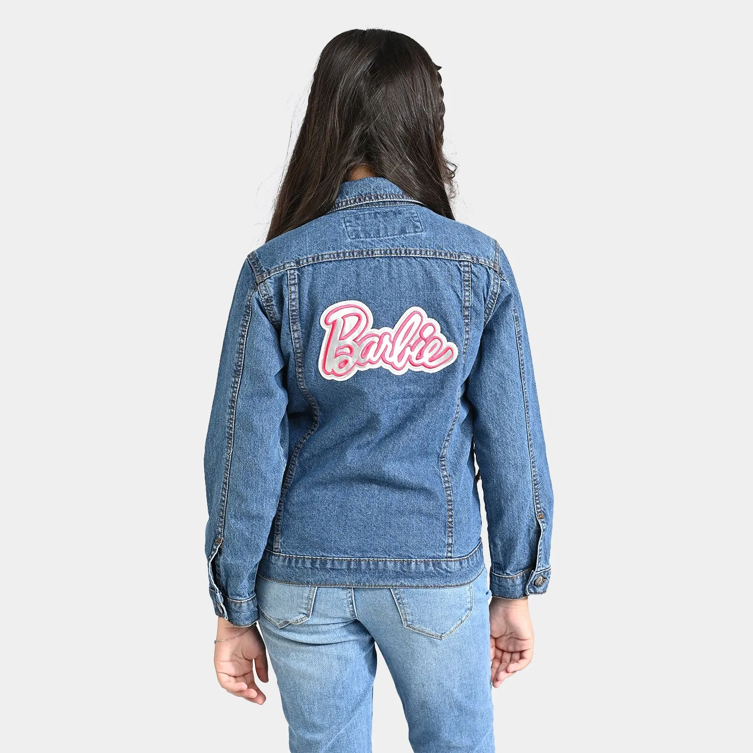 Girls Denim rigid Woven Jacket-Mid Blue