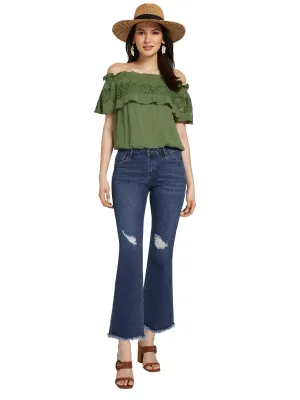 High-Waisted Flare Capri Jeans - Dark Blue Wash