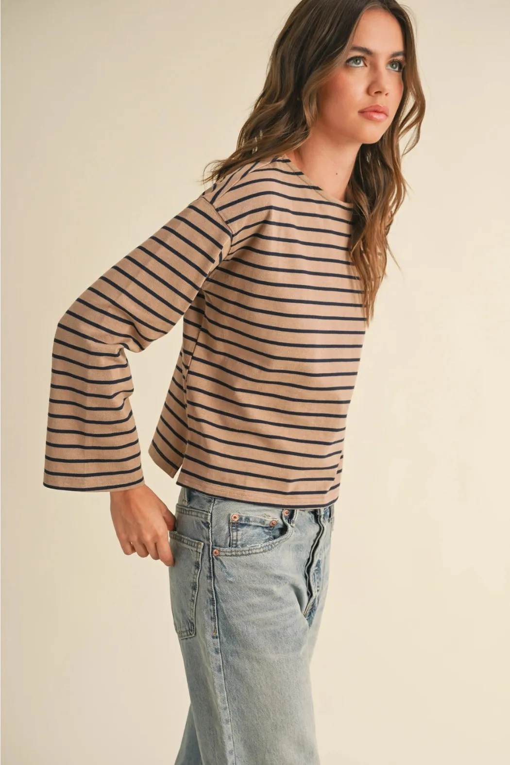 Janae Long Sleeve Top Taupe   Navy