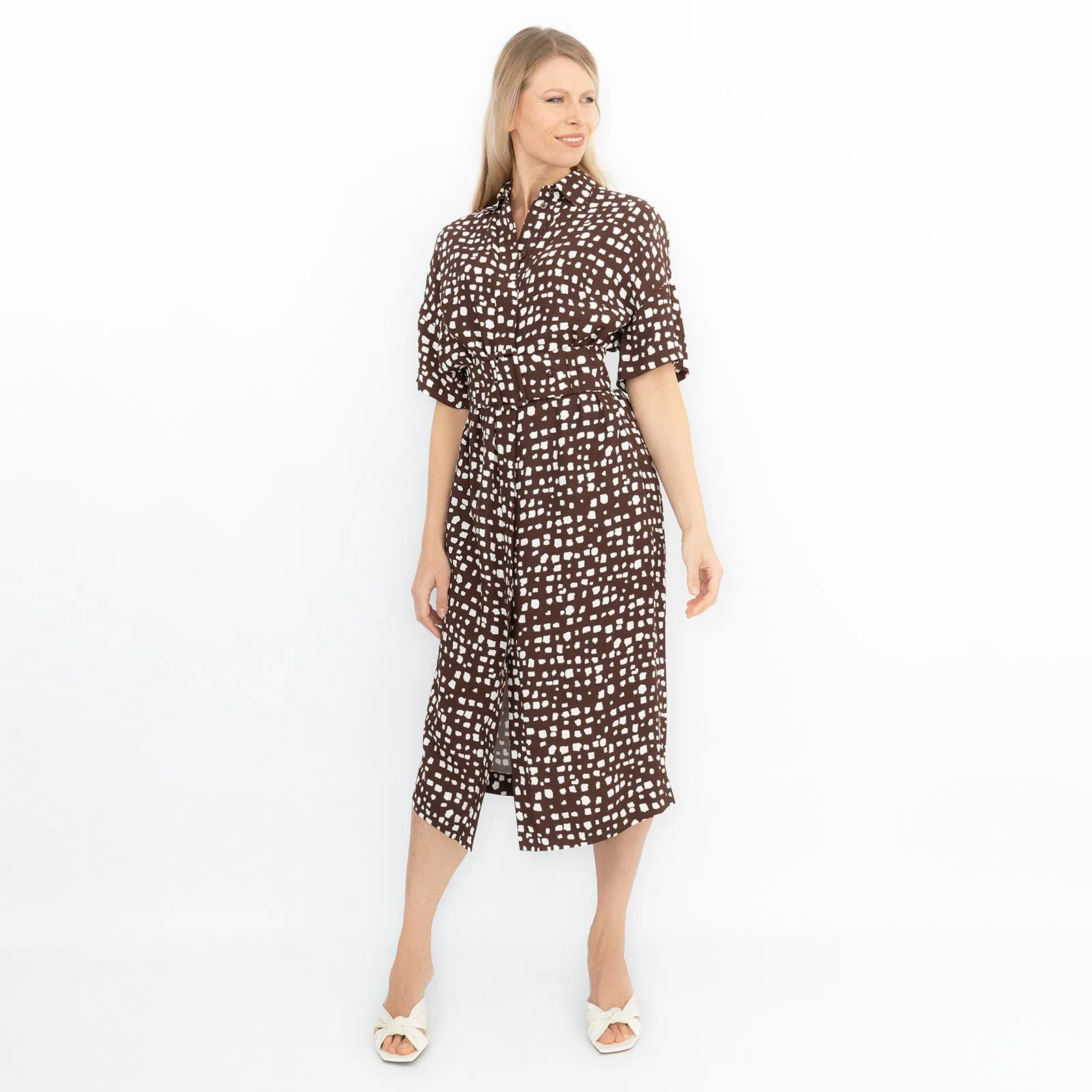 Jasper Conran Birgit Short Sleeve Brown Print Belted Midi Shirt Dresses with Pockets