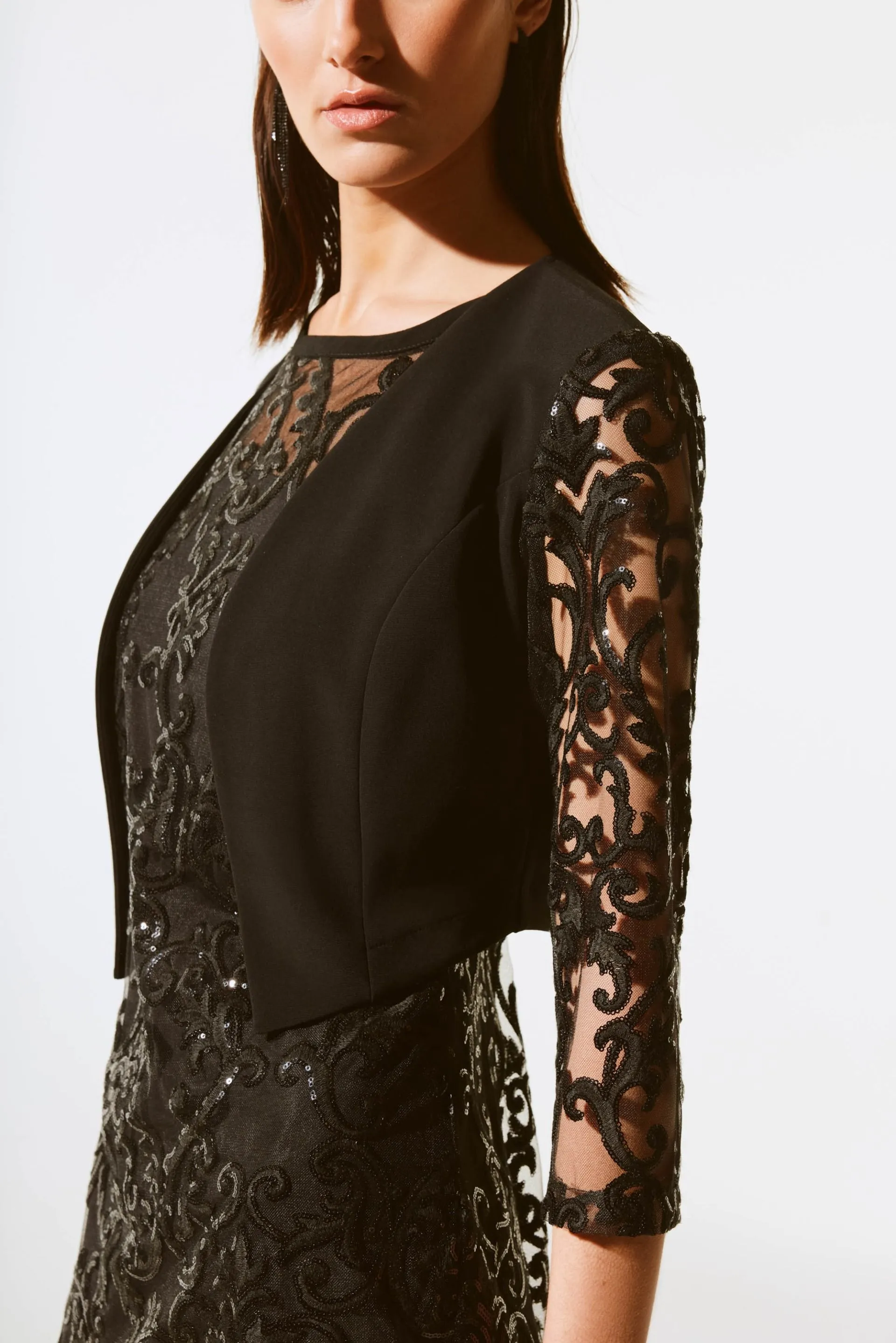 Joseph Ribkoff Black Sequined Lace Open Front Bolero 243737