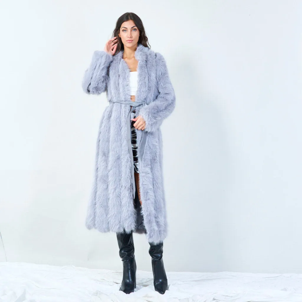 Long faux fur coat with waist tie wholesale