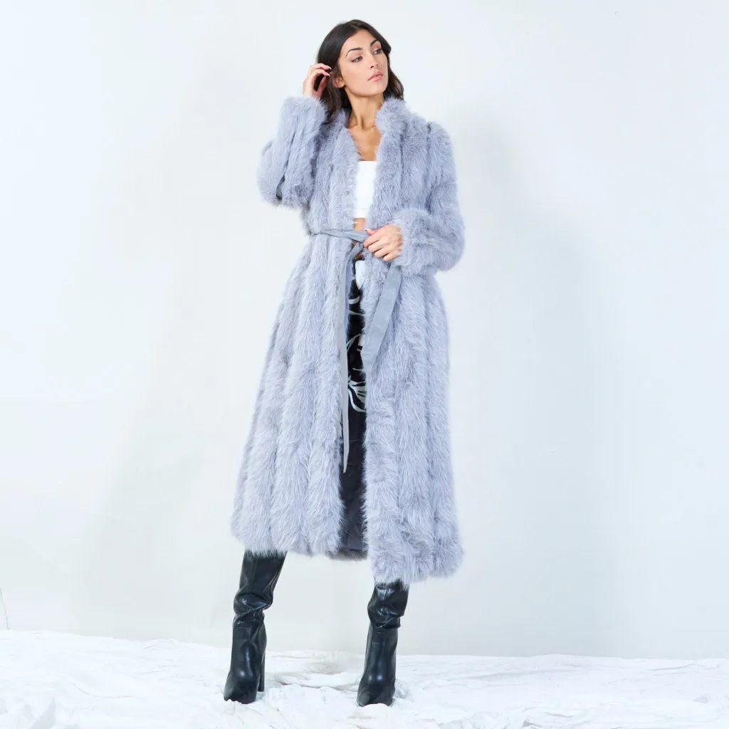 Long faux fur coat with waist tie wholesale