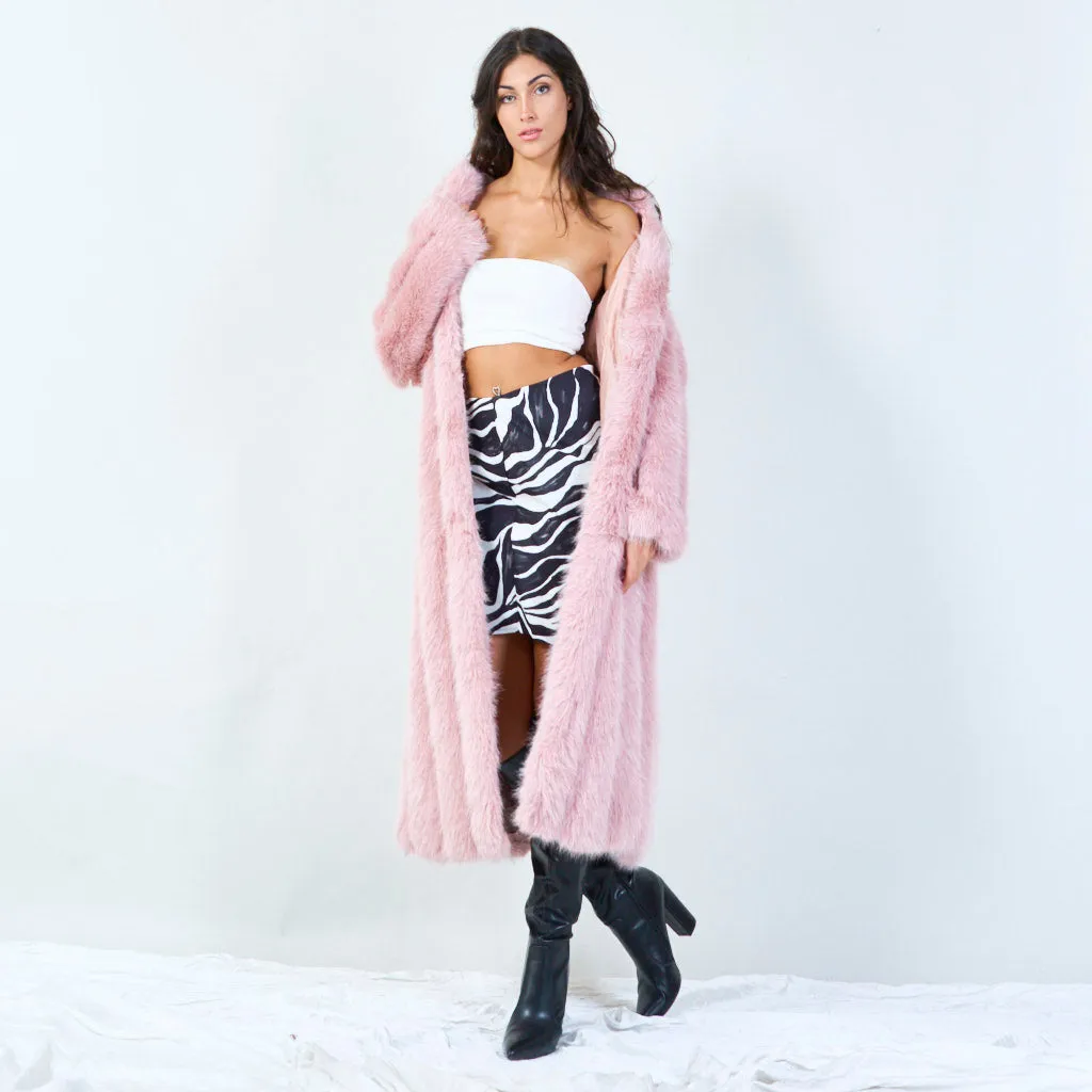 Long faux fur coat with waist tie wholesale